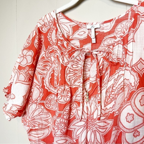 Joie 100% cotton floral top small orange white peasant beachy flowy tie blouse - Picture 2 of 10